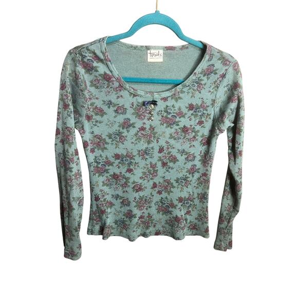 Floral Trends Top Blue Coquette Fairy Buttons Bow Whimsy Cottage Y2K Sz M - Picture 1 of 14